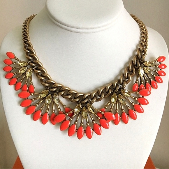 Stella & Dot Coral Cay Enamel Yellow Rhinestone Fan Statement Gold Tone Necklace - Picture 5 of 6